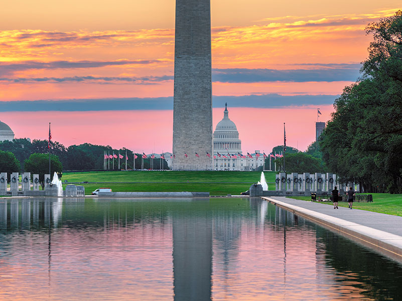 Washington Monument and US Capitol Building at sunrise